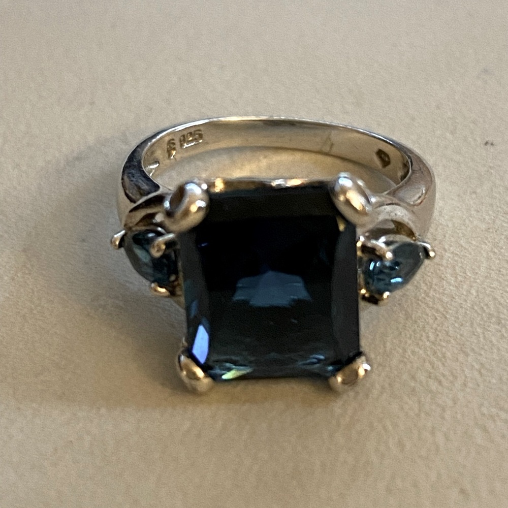 London blue three stone statement ring in silver